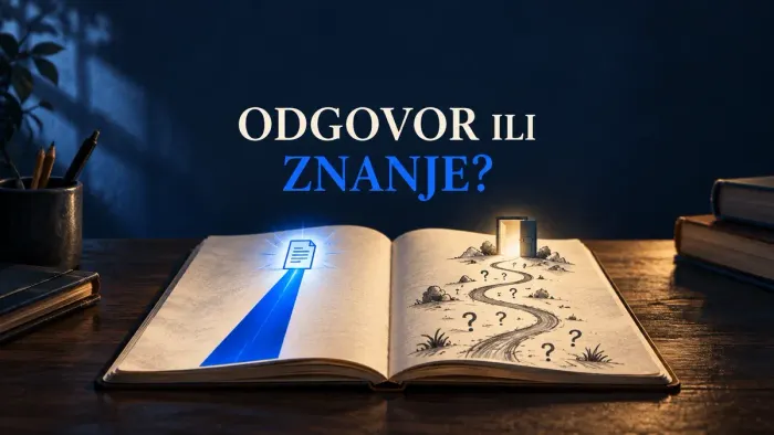 Ilustracija otvorene knjige: prečica vodi do gotovog odgovora, a druga staza kroz pitanja.