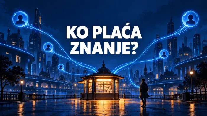 Novinski kiosk u digitalnom gradu, povezan plavim linijama s ljudima i agentima.