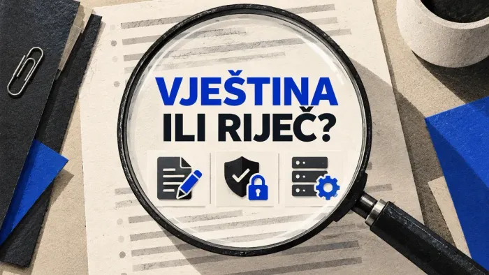 Ilustracija lupe nad praznim oglasom za posao i karticama koje predstavljaju različite AI zadatke.