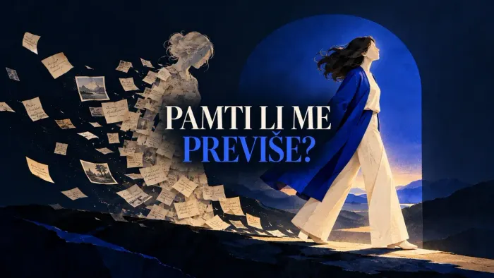 Osoba izlazi iz stare siluete sačinjene od bilješki; na sredini piše „Pamti li me previše?“