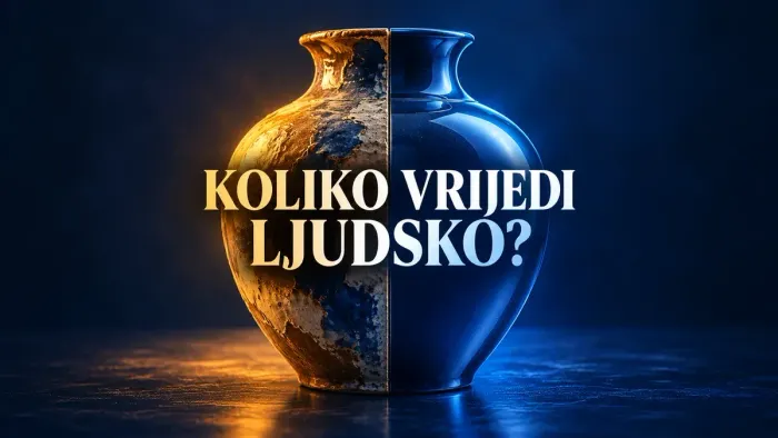 Ilustracija vaze podijeljene na ručno izrađenu i glatku AI polovinu, s pitanjem o vrijednosti ljudskog rada.
