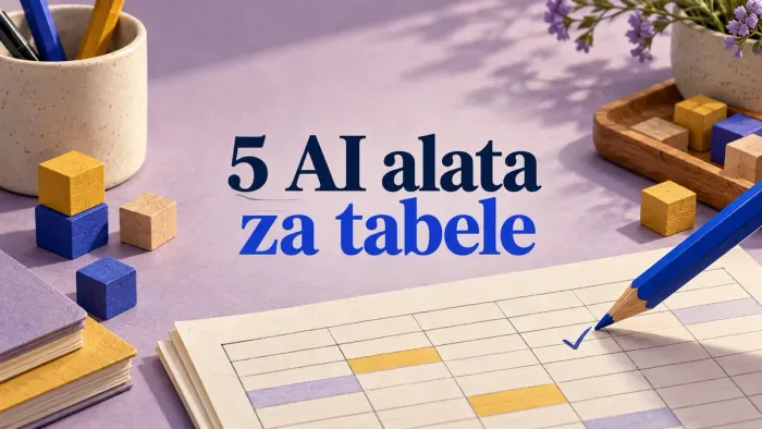 Papirna tabela i plava olovka uz naslov 5 AI alata za tabele.
