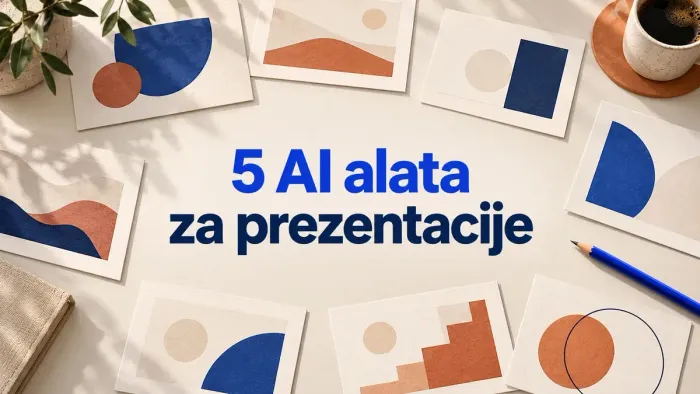 Papirni slajdovi na stolu uz naslov 5 AI alata za prezentacije.