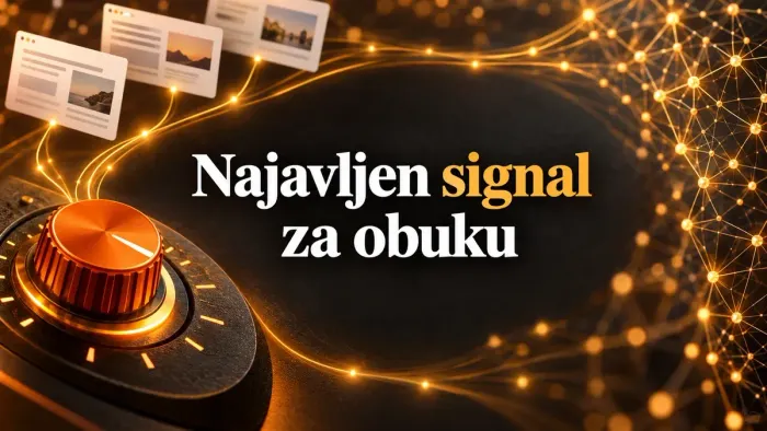 Narandžasti kontrolni točkić povezuje kartice web sadržaja i AI mrežu, uz naslov Najavljen signal za obuku.
