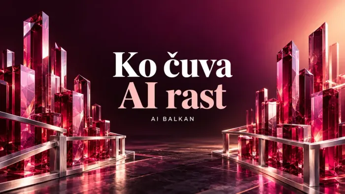 AI ilustracija rubinskih kristalnih tornjeva sa zaštitnim ogradama, uz naslov Ko čuva AI rast.