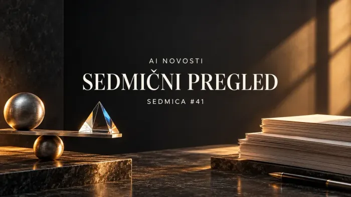 Urednička ilustracija ravnoteže, staklene prizme i poslovnih dokumenata u toplom svjetlu. AI NOVOSTI, SEDMIČNI PREGLED, SEDMICA #41.