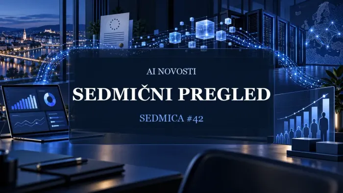 Digitalna poslovna scena s tokom podataka, analitičkim panelima i vidljivim naslovom AI NOVOSTI, SEDMIČNI PREGLED, SEDMICA #42.