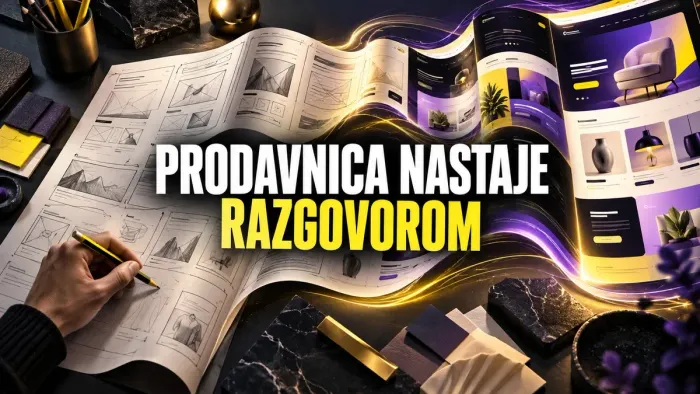 Papirni nacrt stranica prodavnice prelazi u digitalni dizajn; naslov Prodavnica nastaje razgovorom.