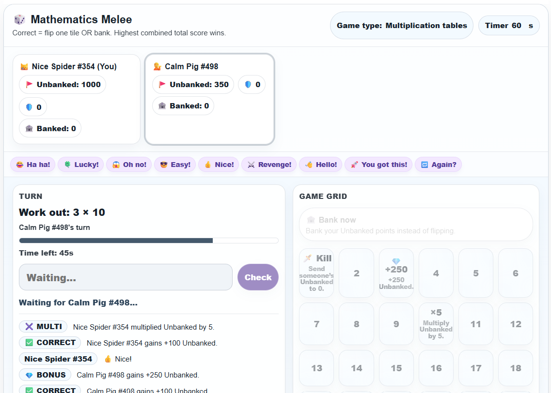 Multiplayer mathematics game