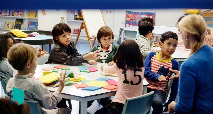 Alunos sentados em grupo realizando dinâmica em aula de inglês.