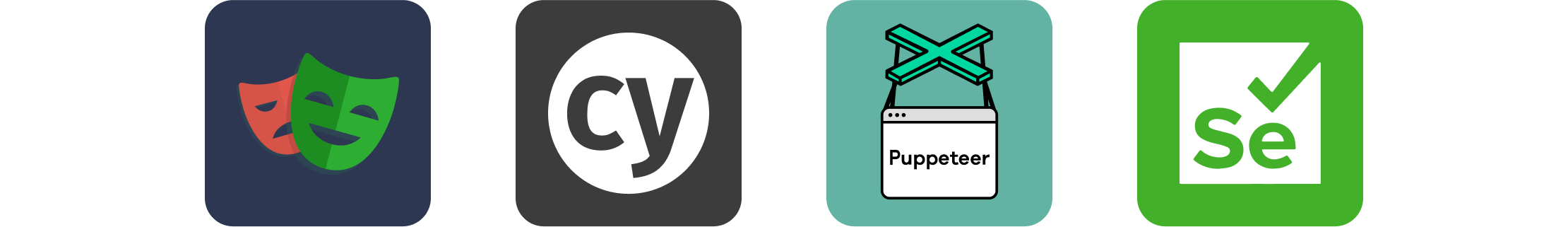 Logos for Playwright, Cypress, Puppeteer, and Selenium