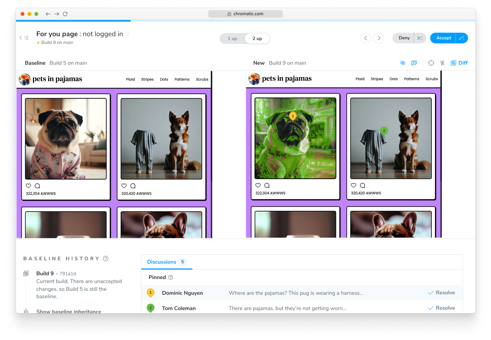 Pets in Pajamas' E2E Visual Tests inside Chromatic.