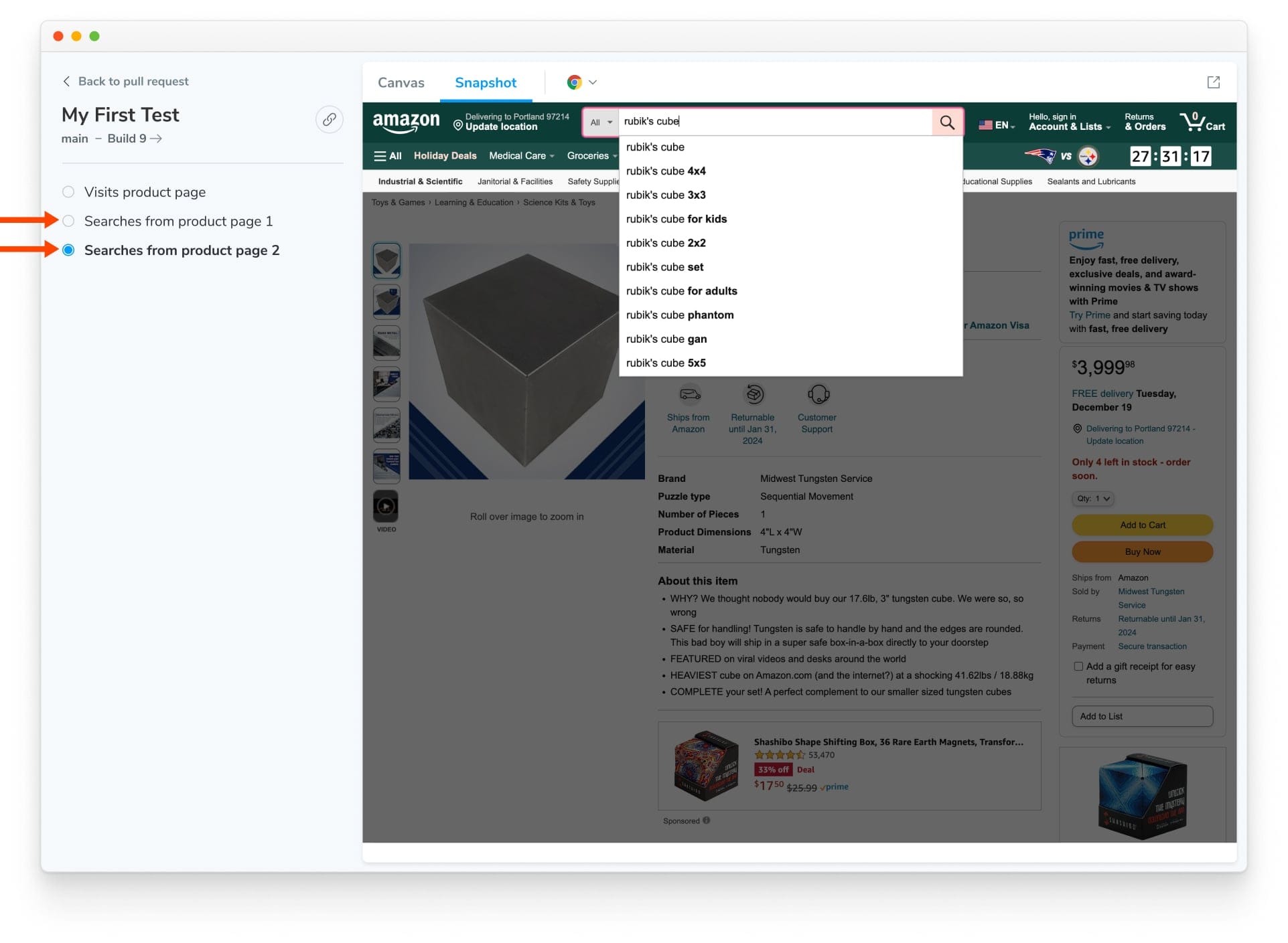 Multiple tests within Chromatic of the Amazon page