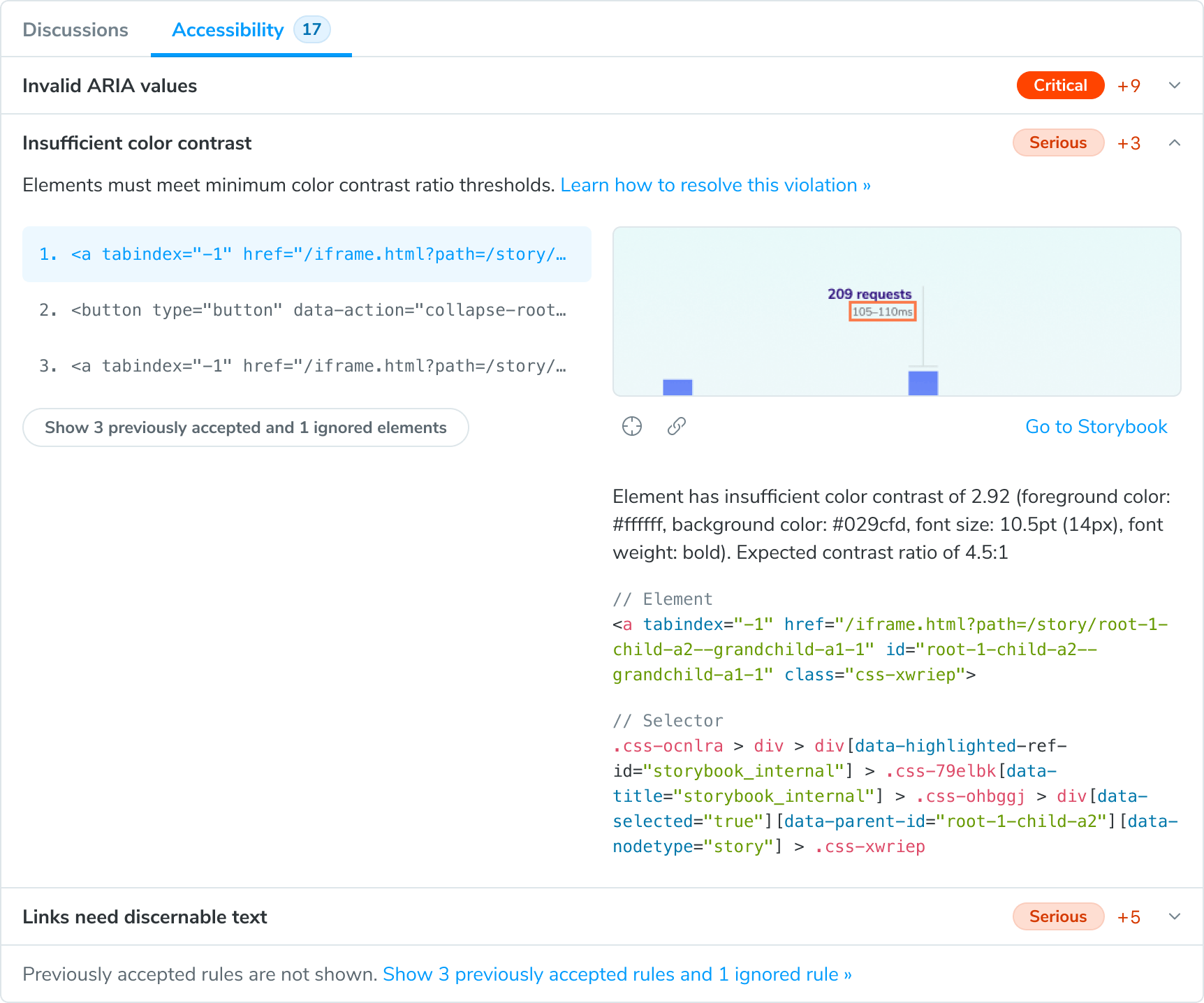 Expand WCAG rules to see additional context like DOM element, selector and a thumbnail of the error