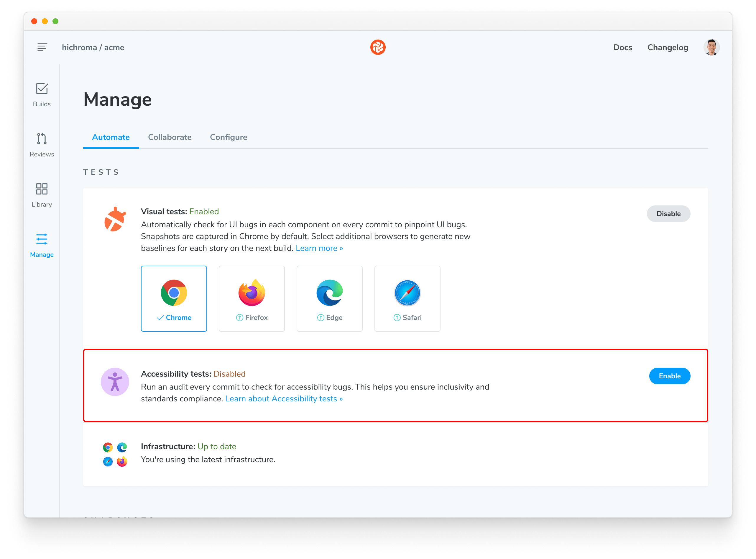 Enable Accessibility tests on your project's manage screen