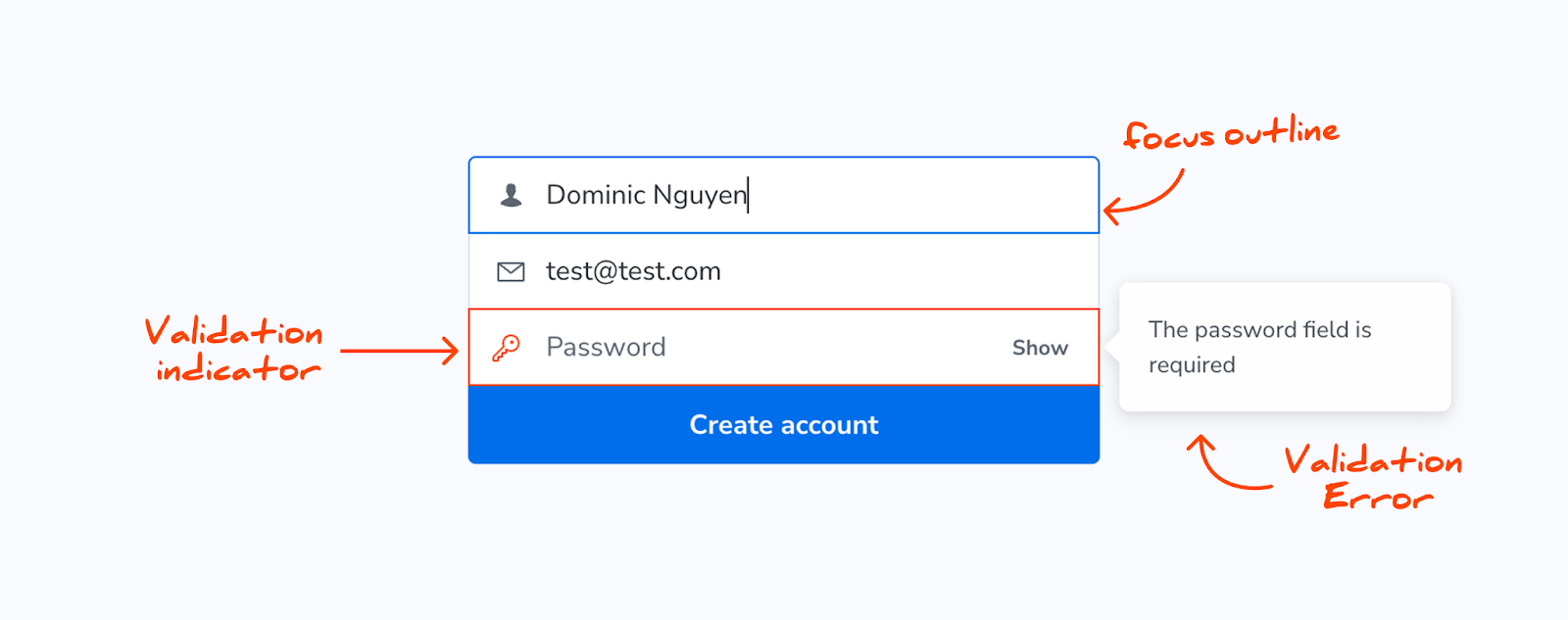 Form UI showing focus state on name field and validation error on empty password field with an error message tooltip