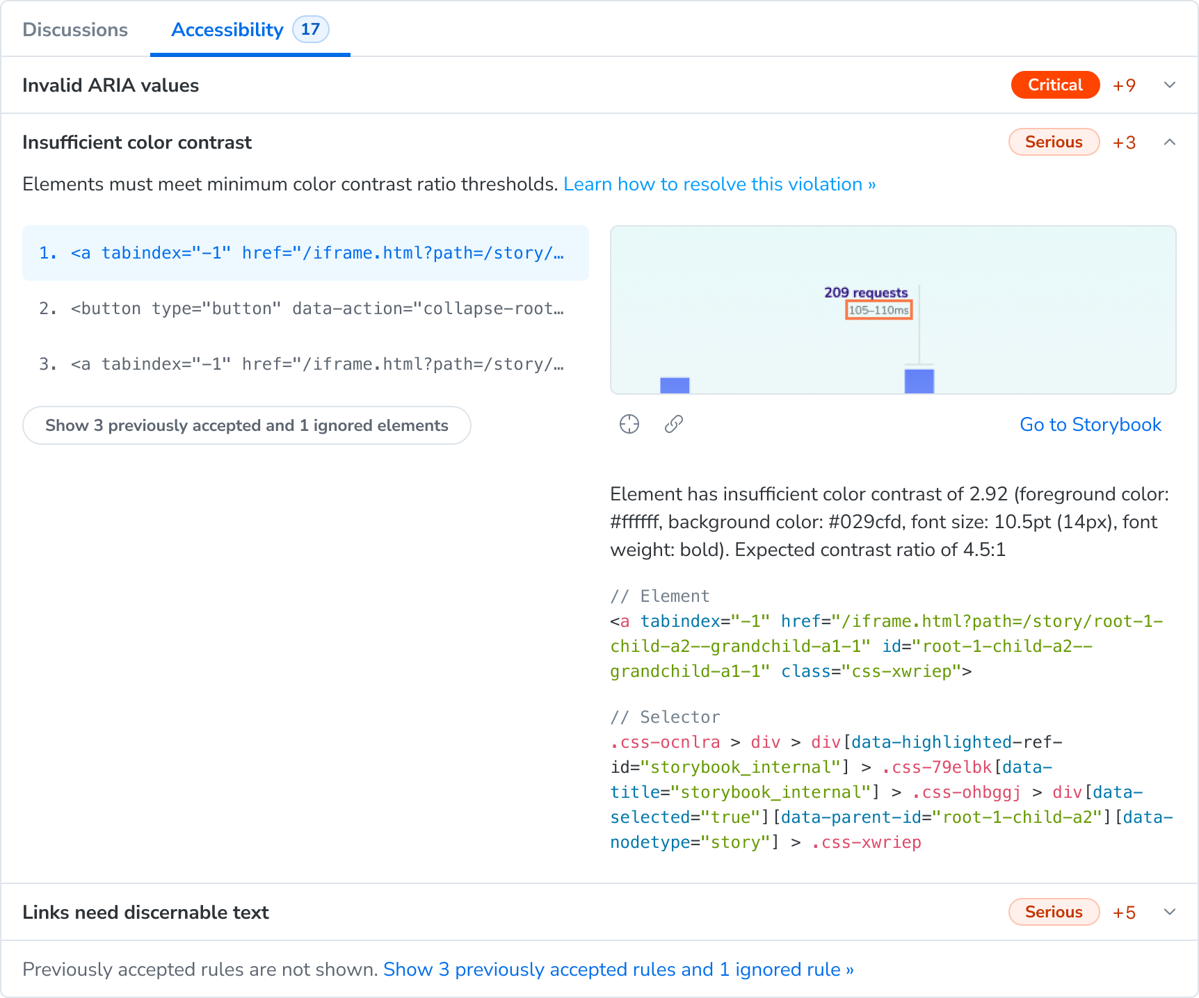 Example of an accessibility panel with 3 violations sorted by severity type. 