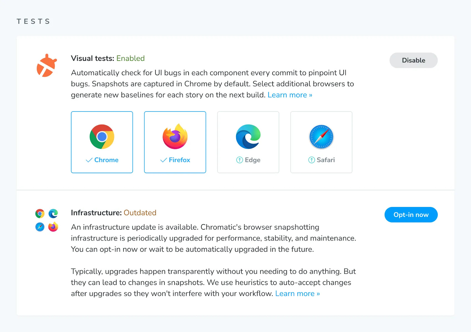 Screenshot of the manage page of a Chromatic project. The infrastructure section has a "opt-in now" button to opt into the latest Capture Cloud version.