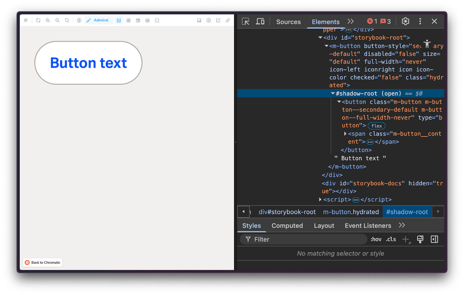 Example of an open-root shadow DOM element. When you inspect the element you can see the shadow DOM content in the elements panel.