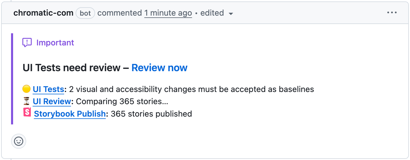 Example of a PR comment that shows status and summary for UI Tests, UI Review and Storybook Publish