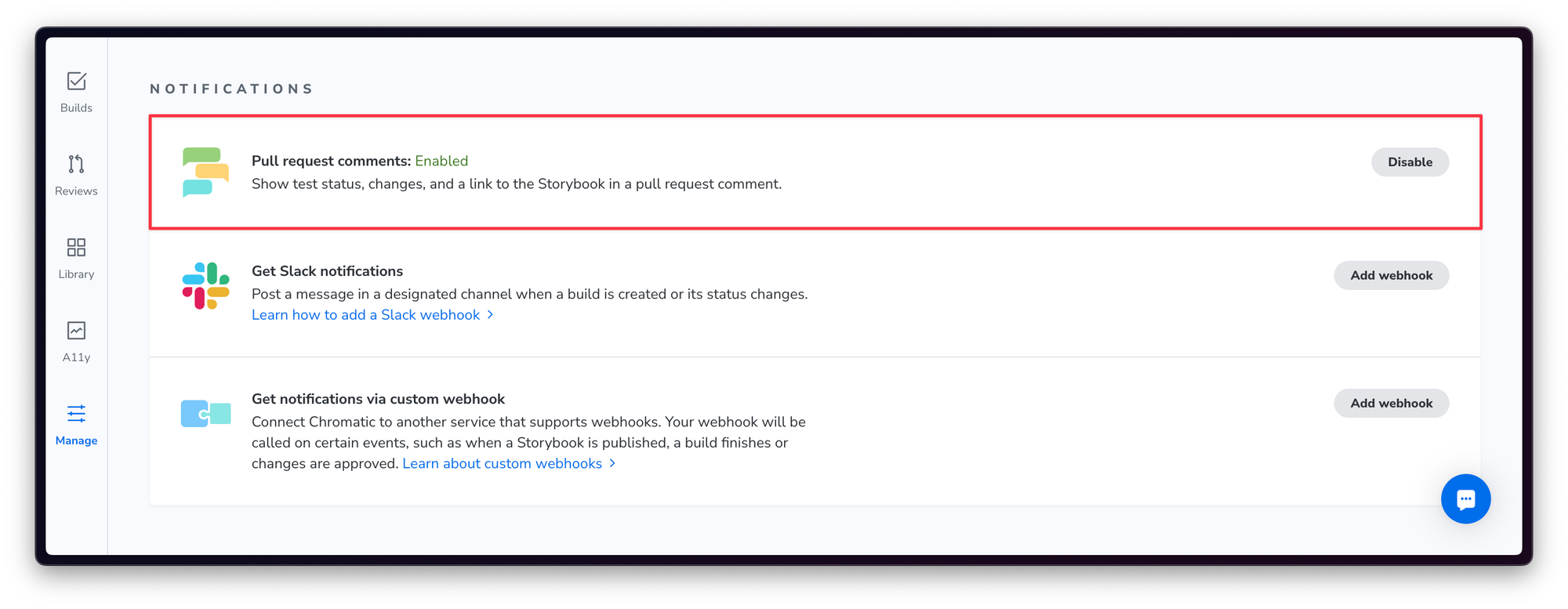 The Pull Request Comments option is available under the Notifications section on the project’s Manage screen.