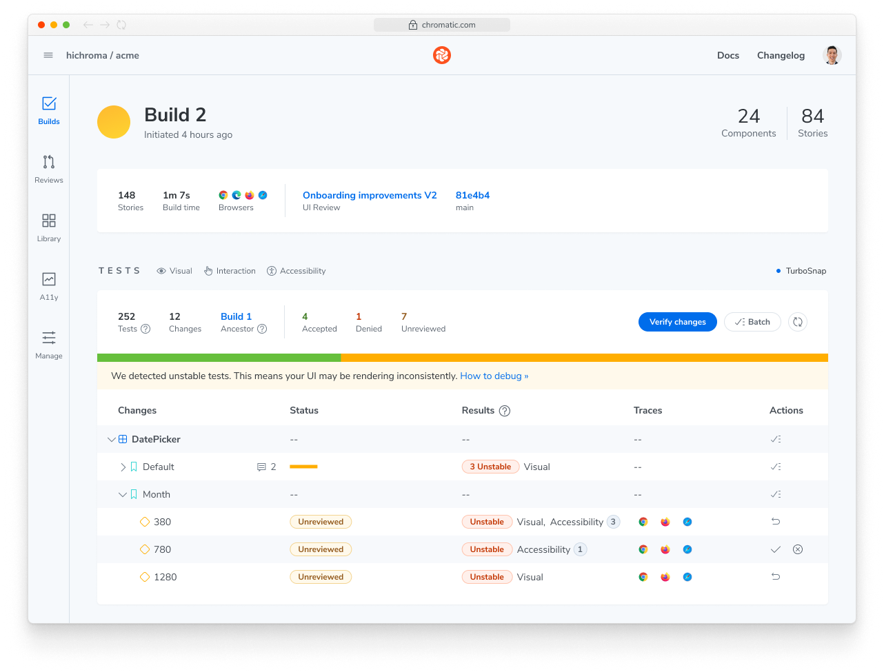 Example build where Chromatic detected several unstable stories and attached traces for them