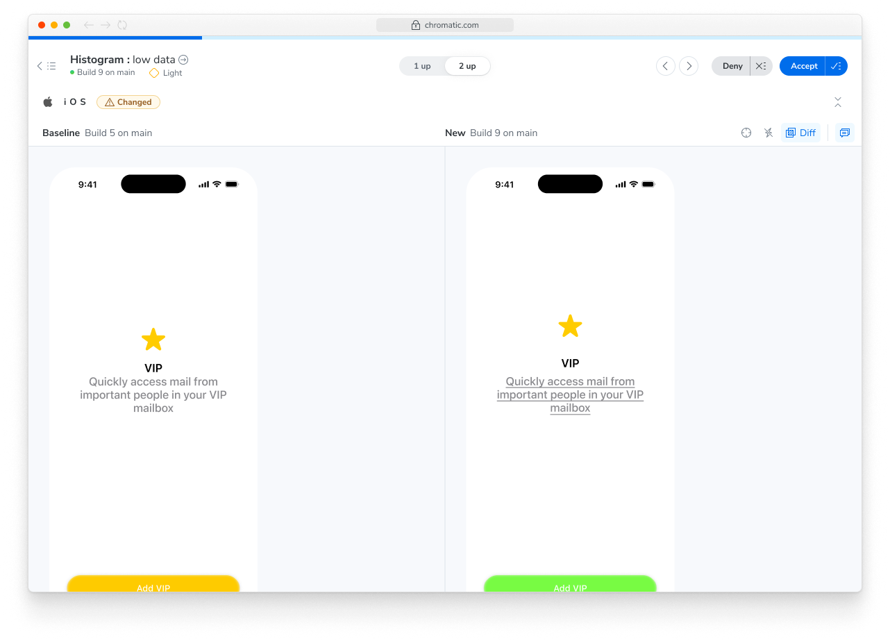 Screenshot of the Chromatic app. Each test shows the snapshots captured for iOS and Android.