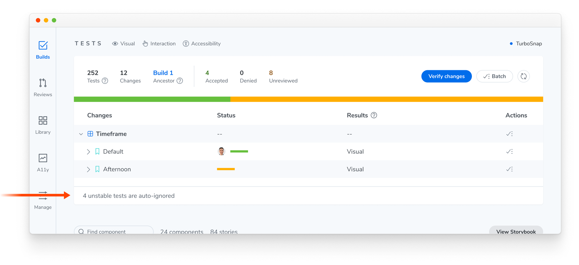 Example build page with stable tests visible in the test summary table. Unstable tests are collapsed into an "auto-ignored" group
