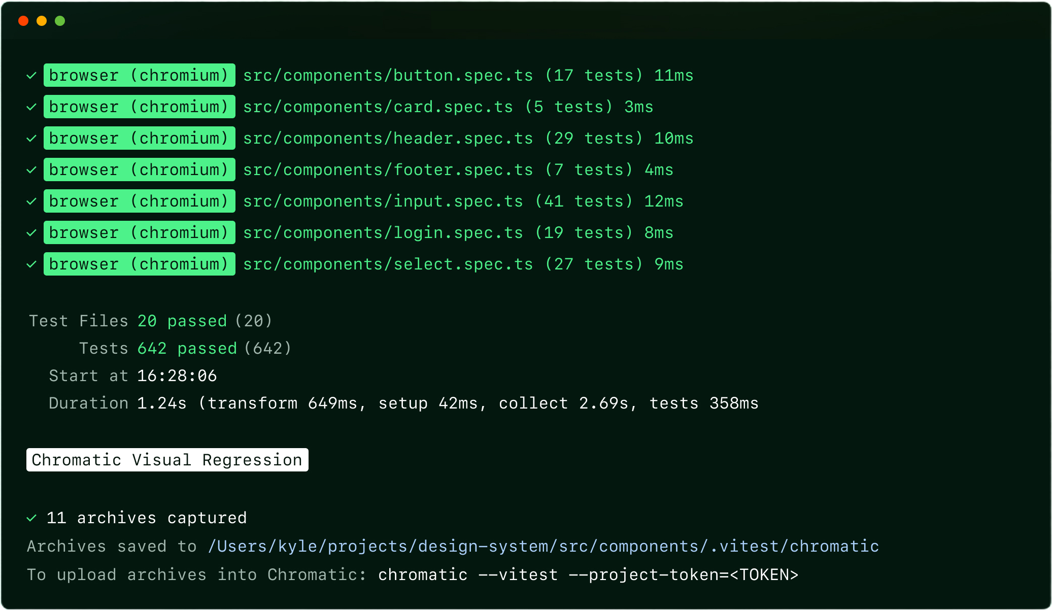 Vitest test results, then: Chromatic Visual Regression. 11 archives captured.