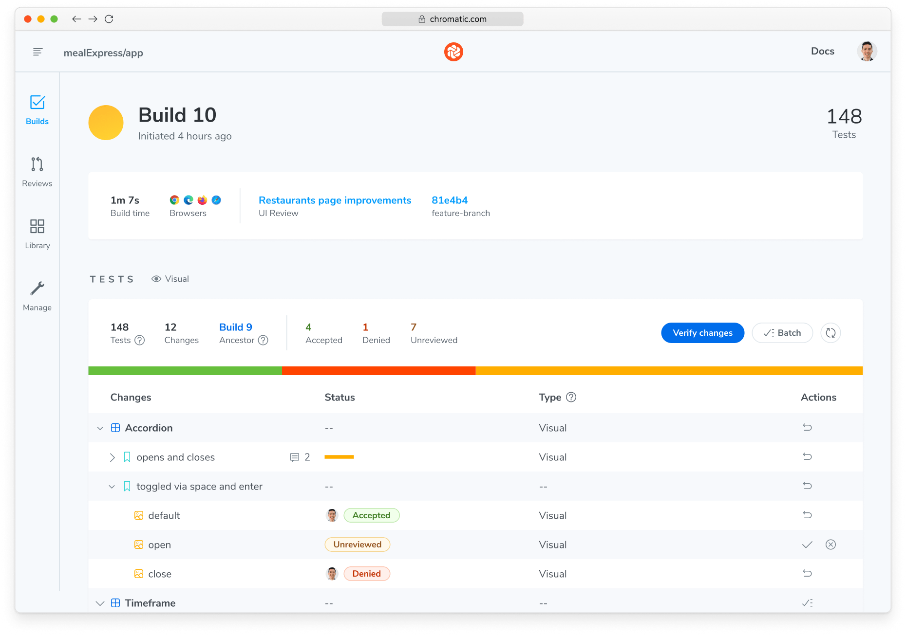 Chromatic web app, on a build screen showing test results