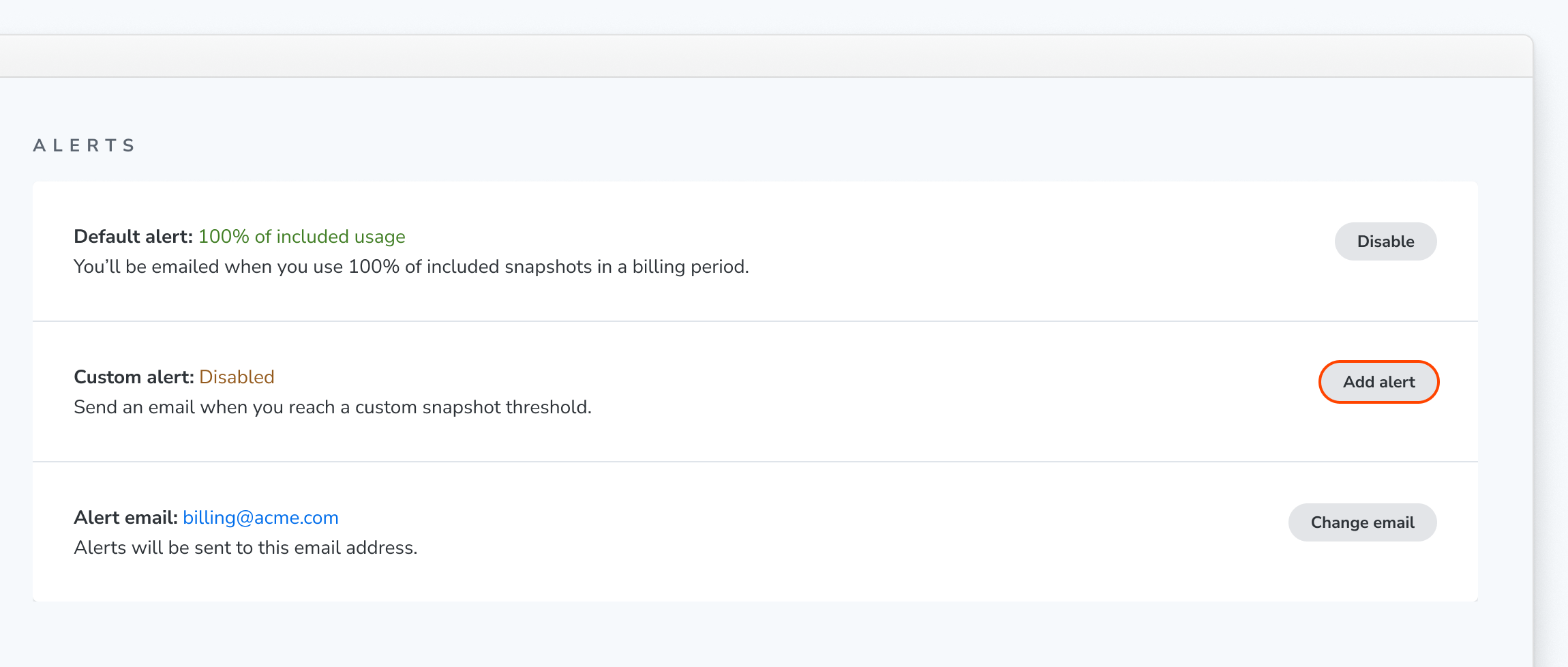 The Alerts section of the Billing page with the default alert enabled
