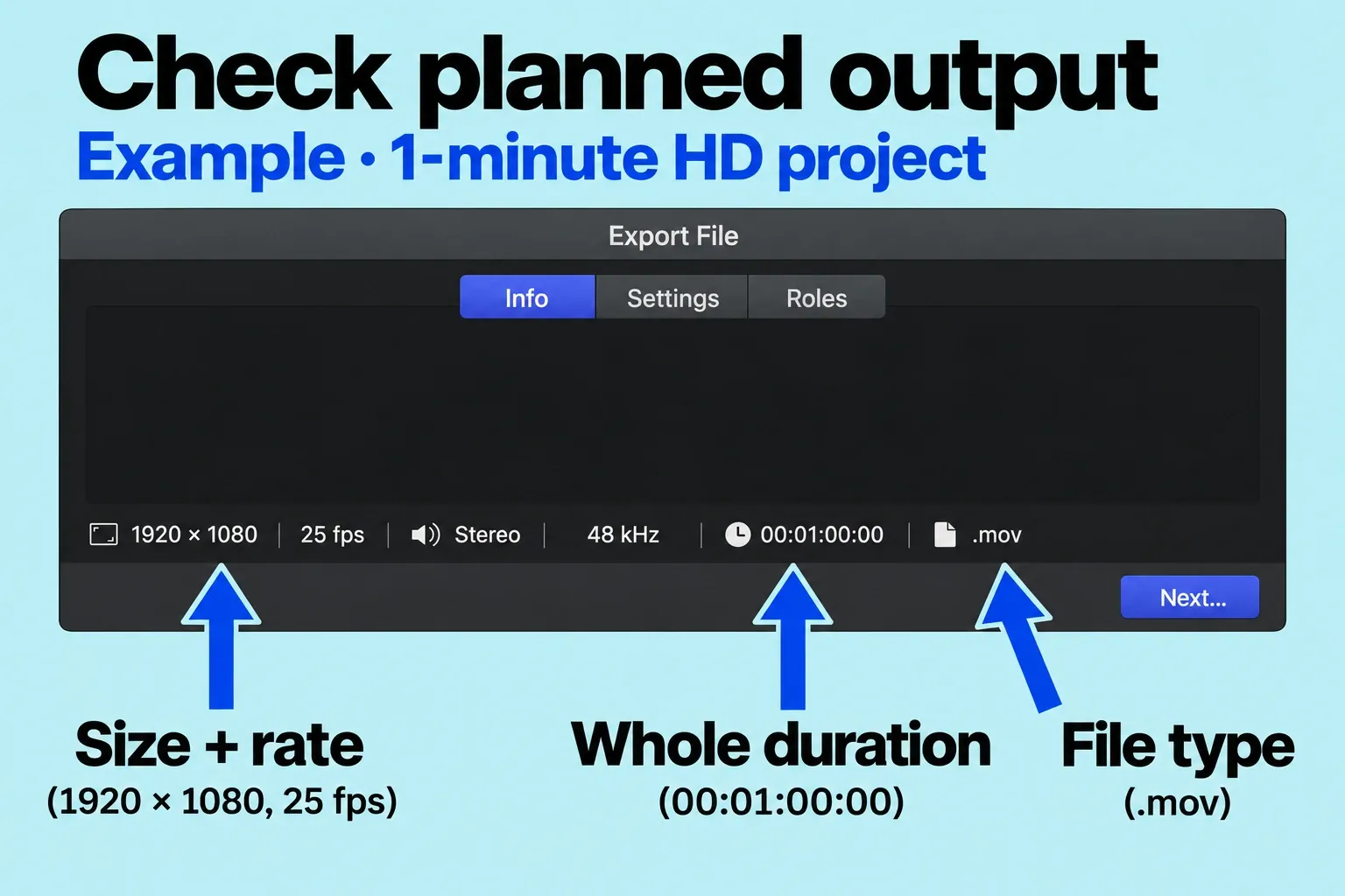 Export File information row shows planned size, frame rate, duration and movie type before Next.