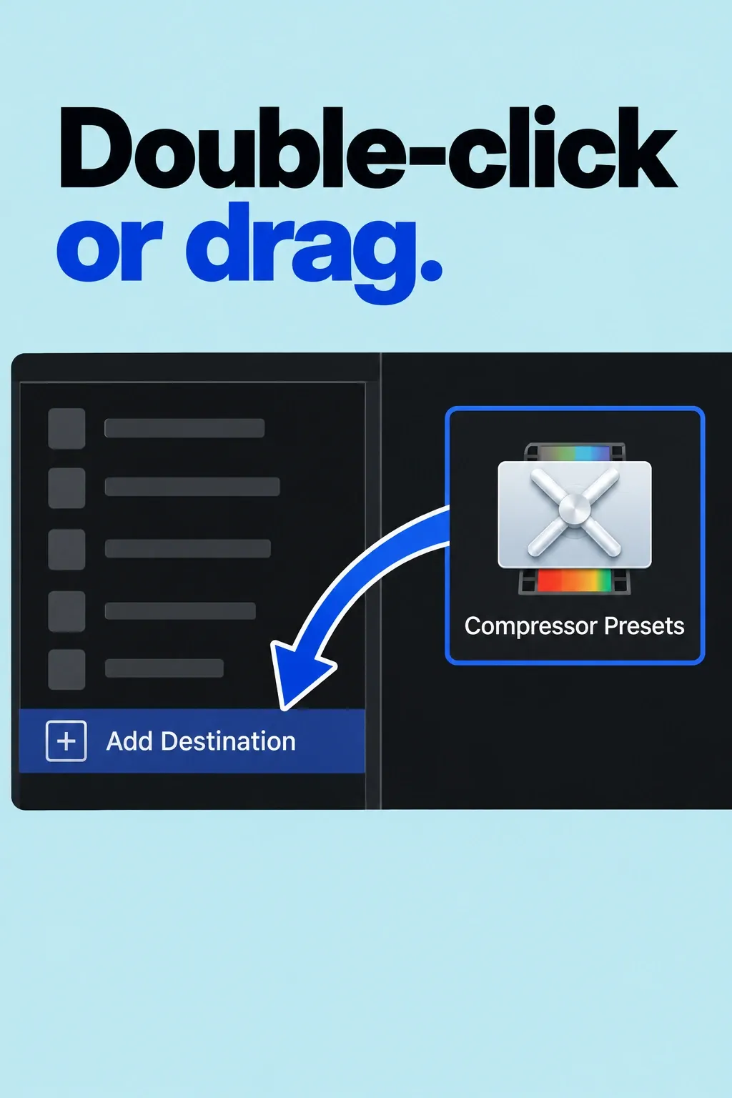 Final Cut Pro Destinations with Add Destination on the left and the Compressor Presets tile on the right.