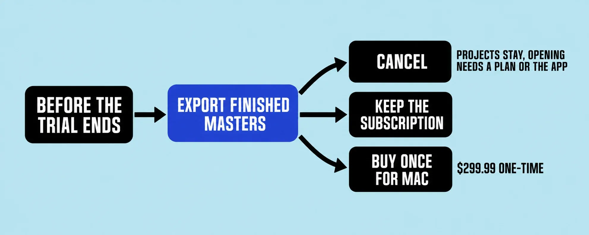 Decision flow before the trial ends: export finished masters, then cancel, with projects kept but needing a plan or the app to open, keep the subscription, or buy once for Mac at $299.99.