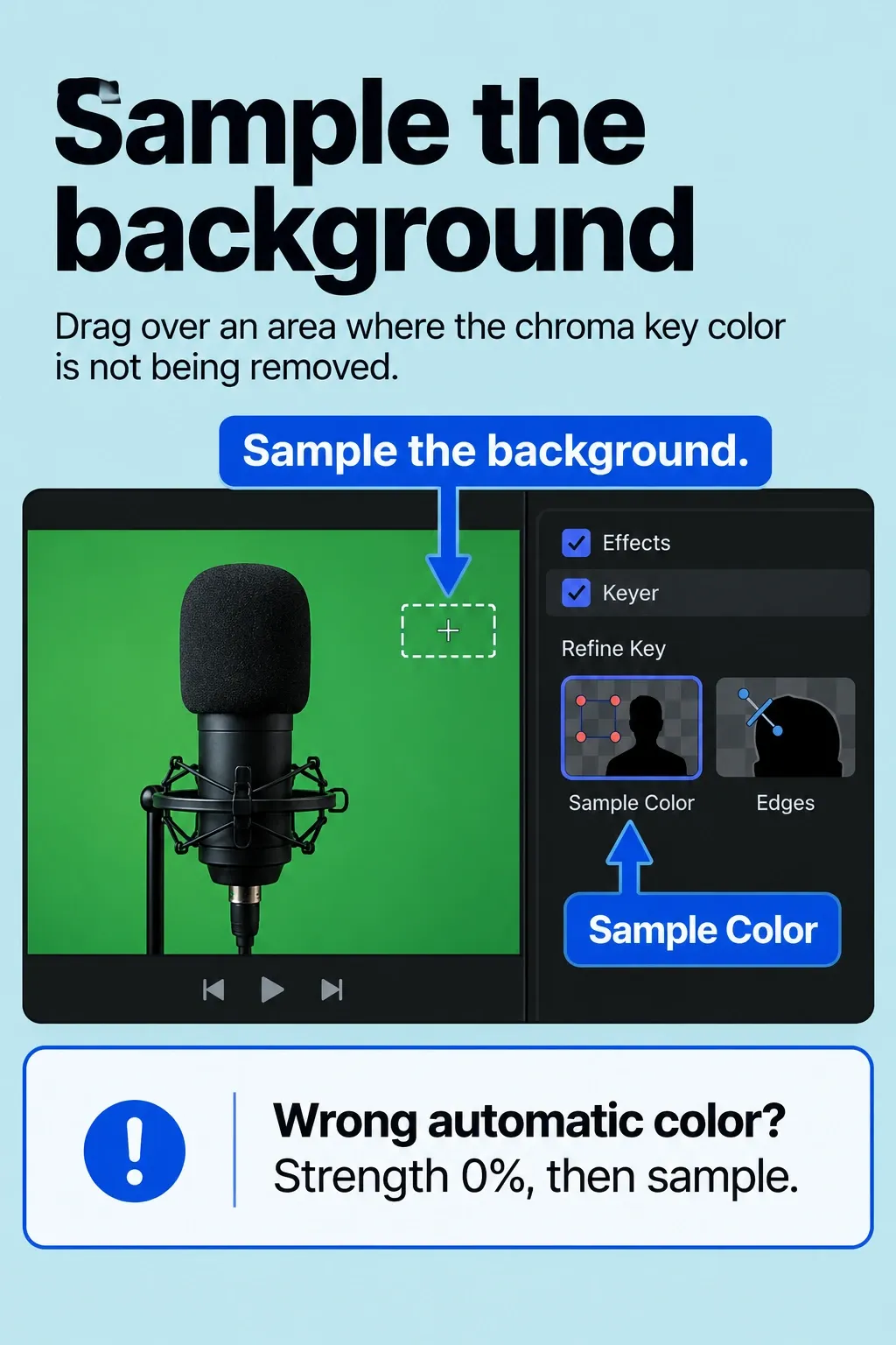 Sample Color selected with a sampling rectangle over residual green background rather than the subject.