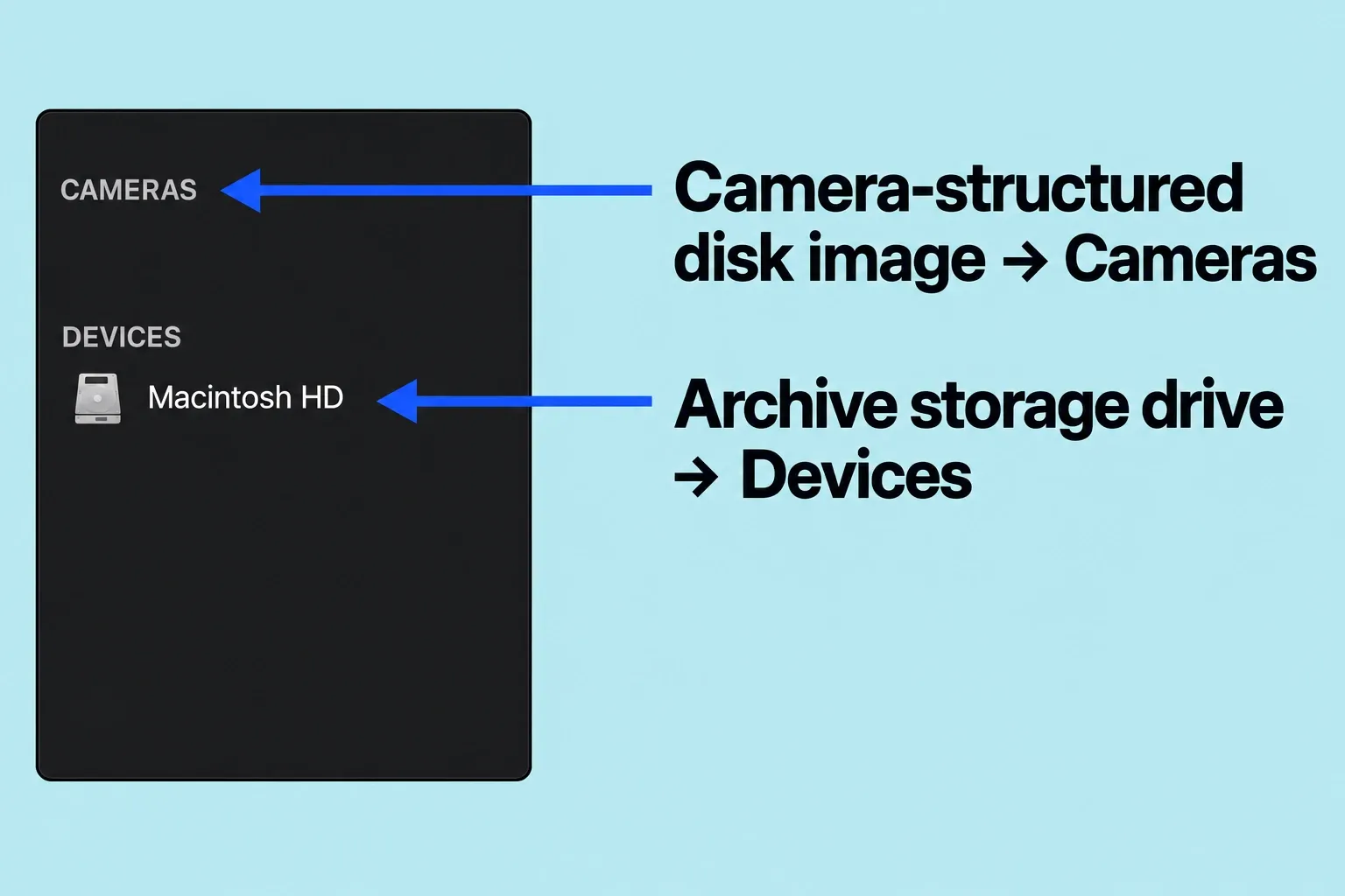 Cameras and Devices groups in Media Import identify different archive and disk-image routes.