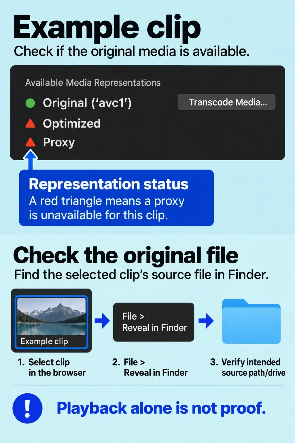 Info representation status paired with the separate Reveal in Finder check for the selected clip’s original file.
