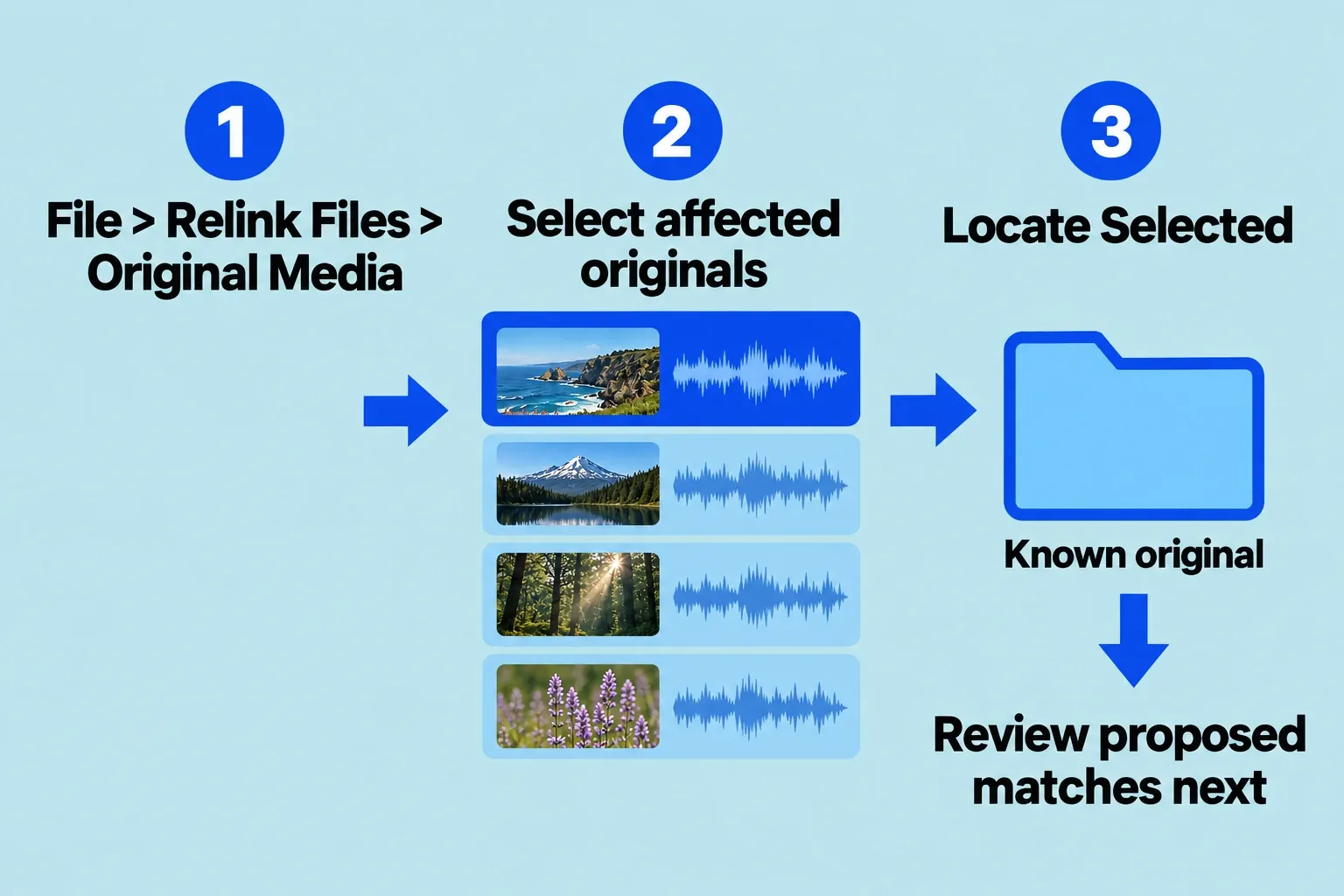 Original Media relink sequence: select affected originals, then Locate Selected to find a known original.
