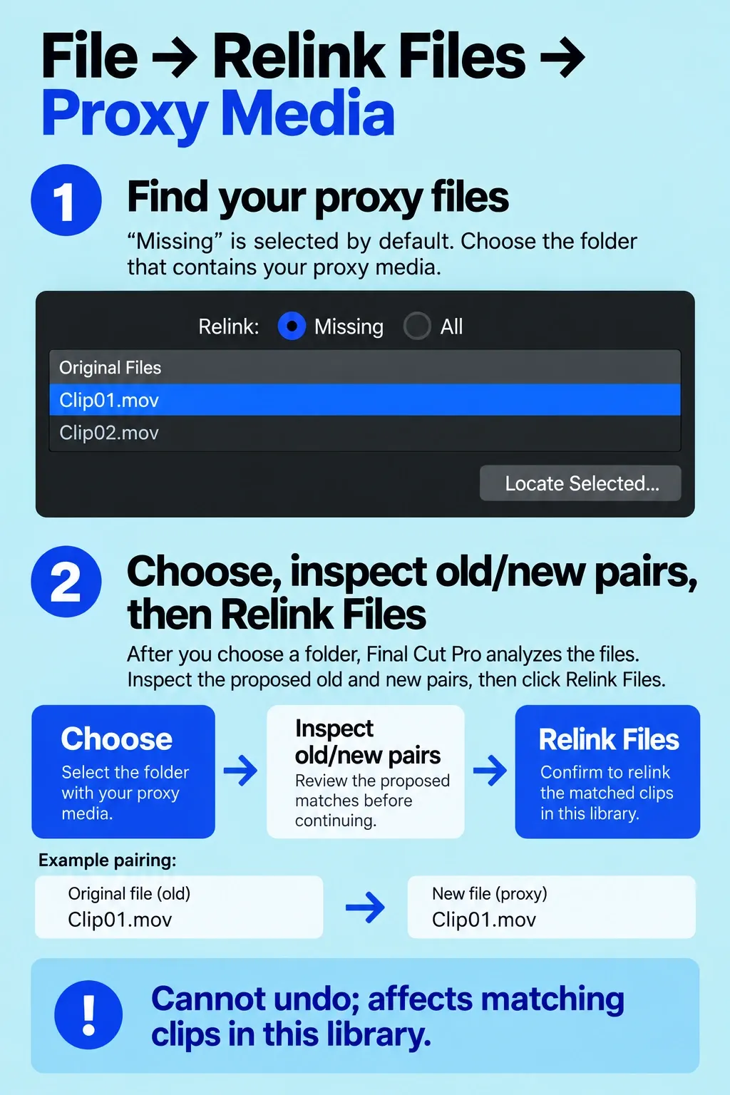 Proxy relink uses Locate Selected for selected items, then Choose, old/new pairing review and final Relink Files confirmation.