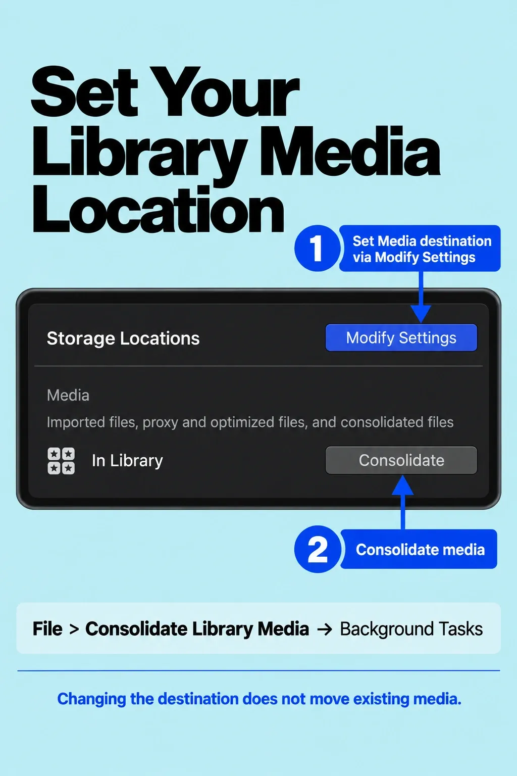Library Properties Modify Settings entry and Media Consolidate control shown in the required order.
