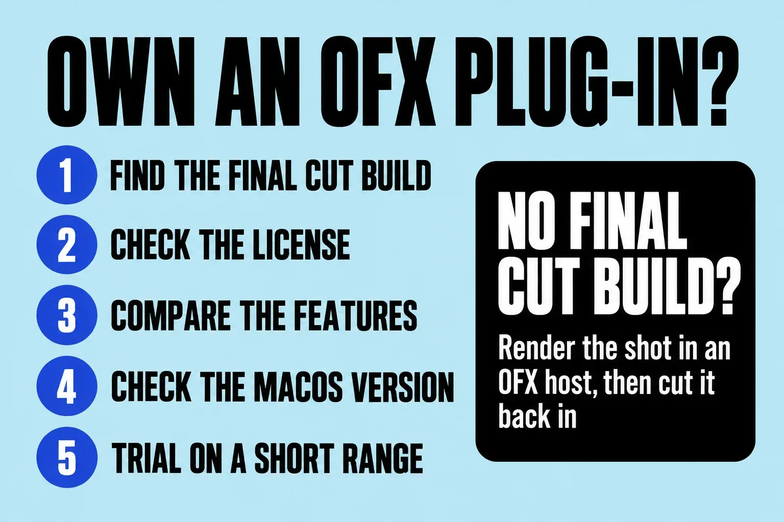 Five checks for an OFX plug-in owner: find the Final Cut build, check the license, compare the features, check the macOS version, and trial on a short range, plus rendering the shot in an OFX host when no Final Cut build exists.