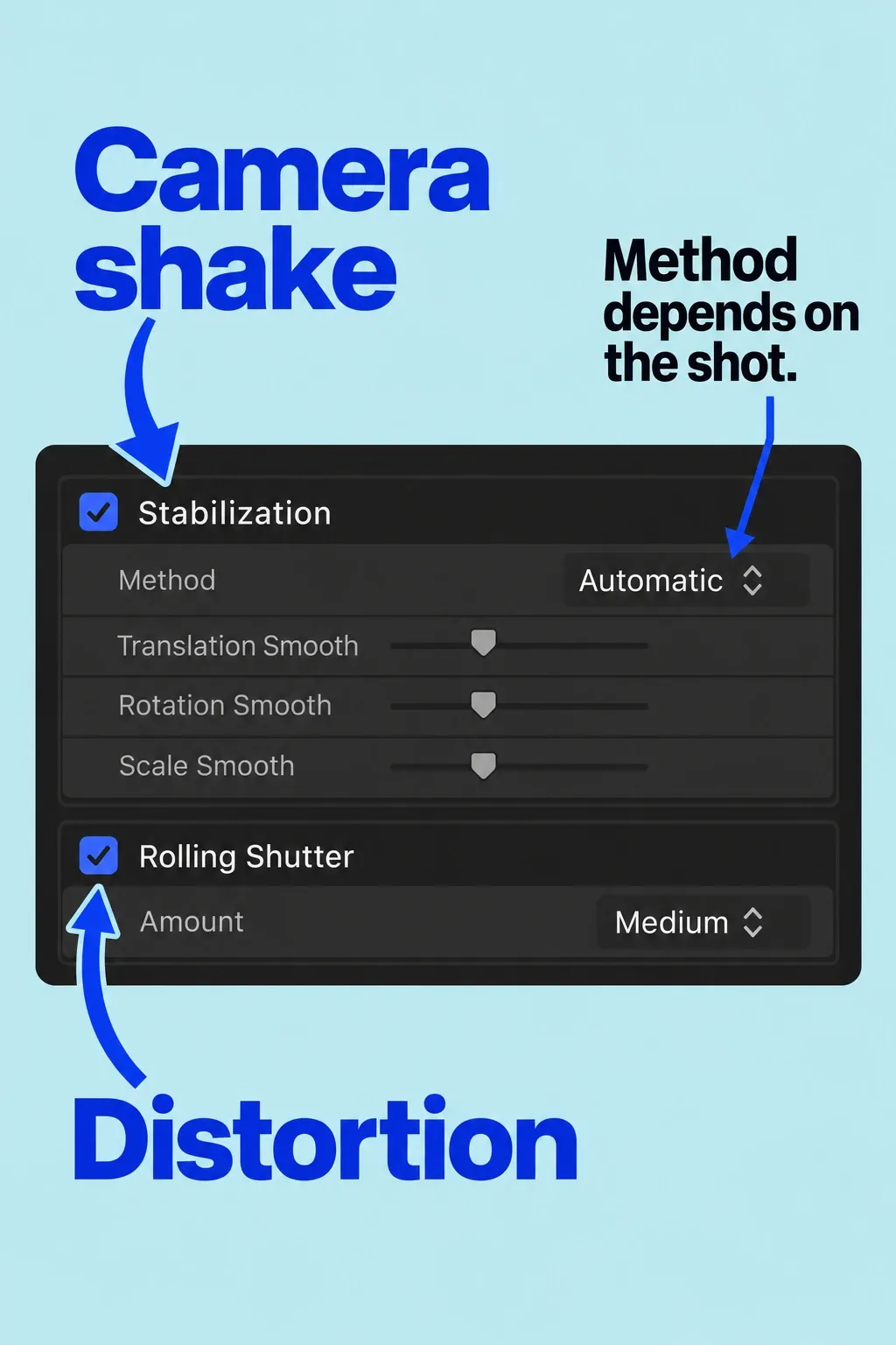 Video inspector Stabilization and Rolling Shutter sections with separate checkboxes and Method control.