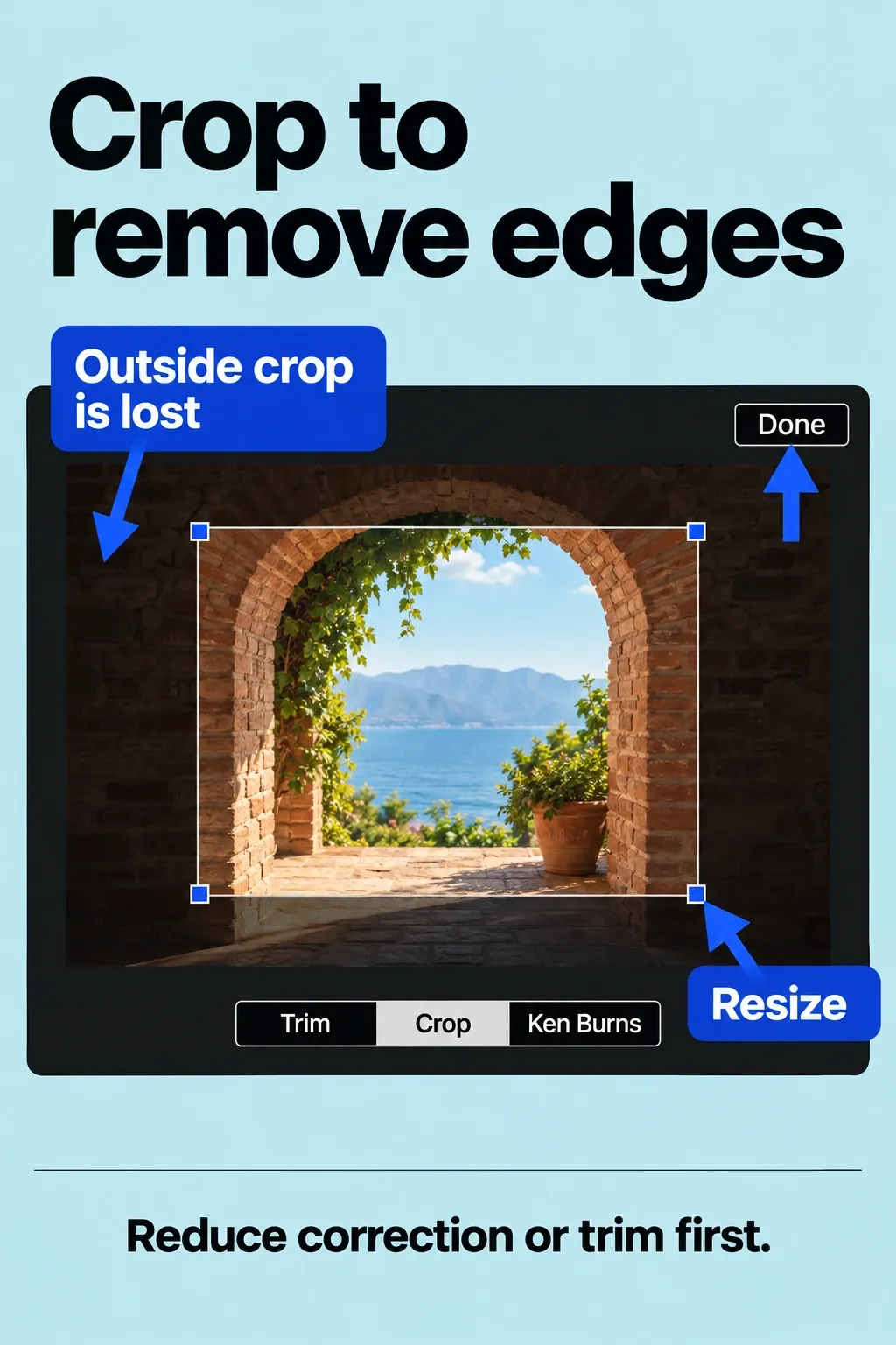 Crop handles inset from black image edges, with Crop selected and Done visible.