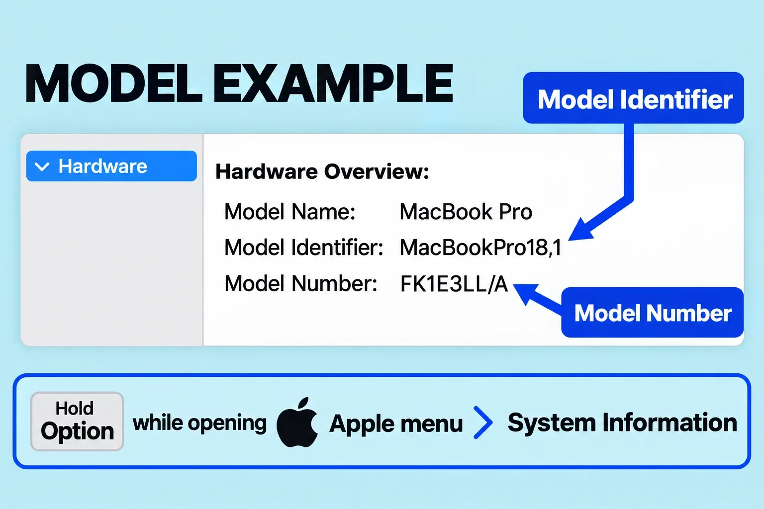 System Information Hardware Overview shows Model Identifier and Model Number below Model Name.