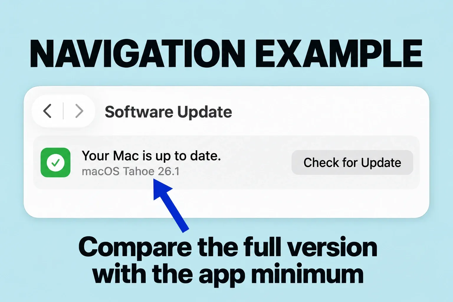 Software Update displays an example macOS Tahoe 26.1 version line and Check for Update button.