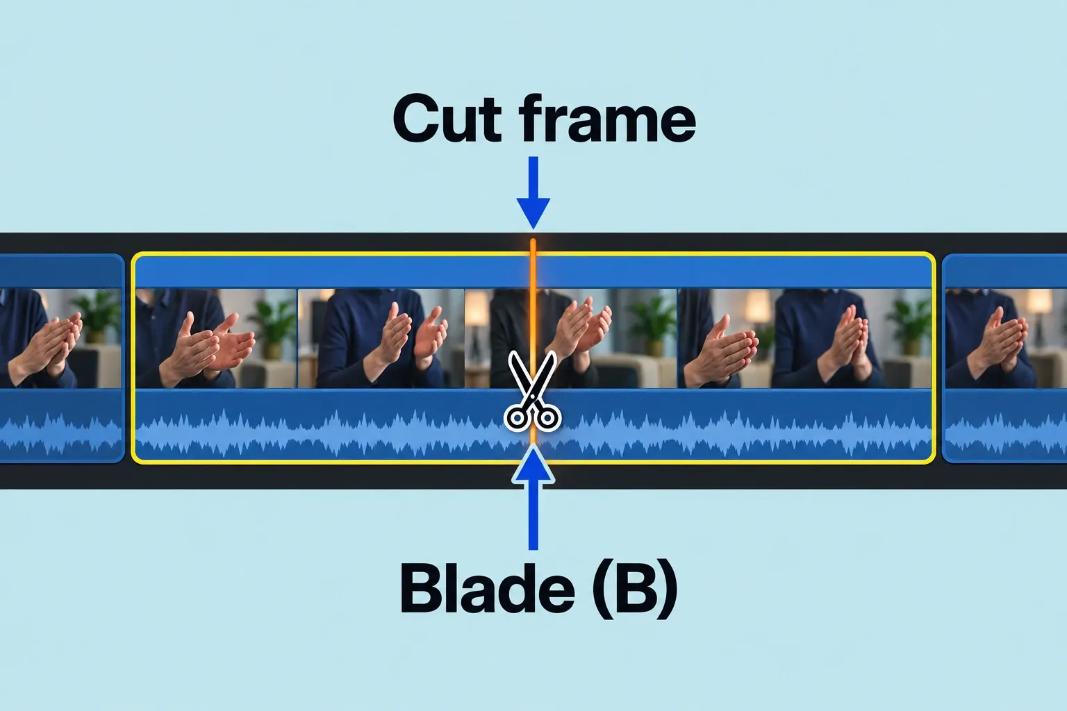 Blade pointer at the skimmer frame inside a primary storyline clip.