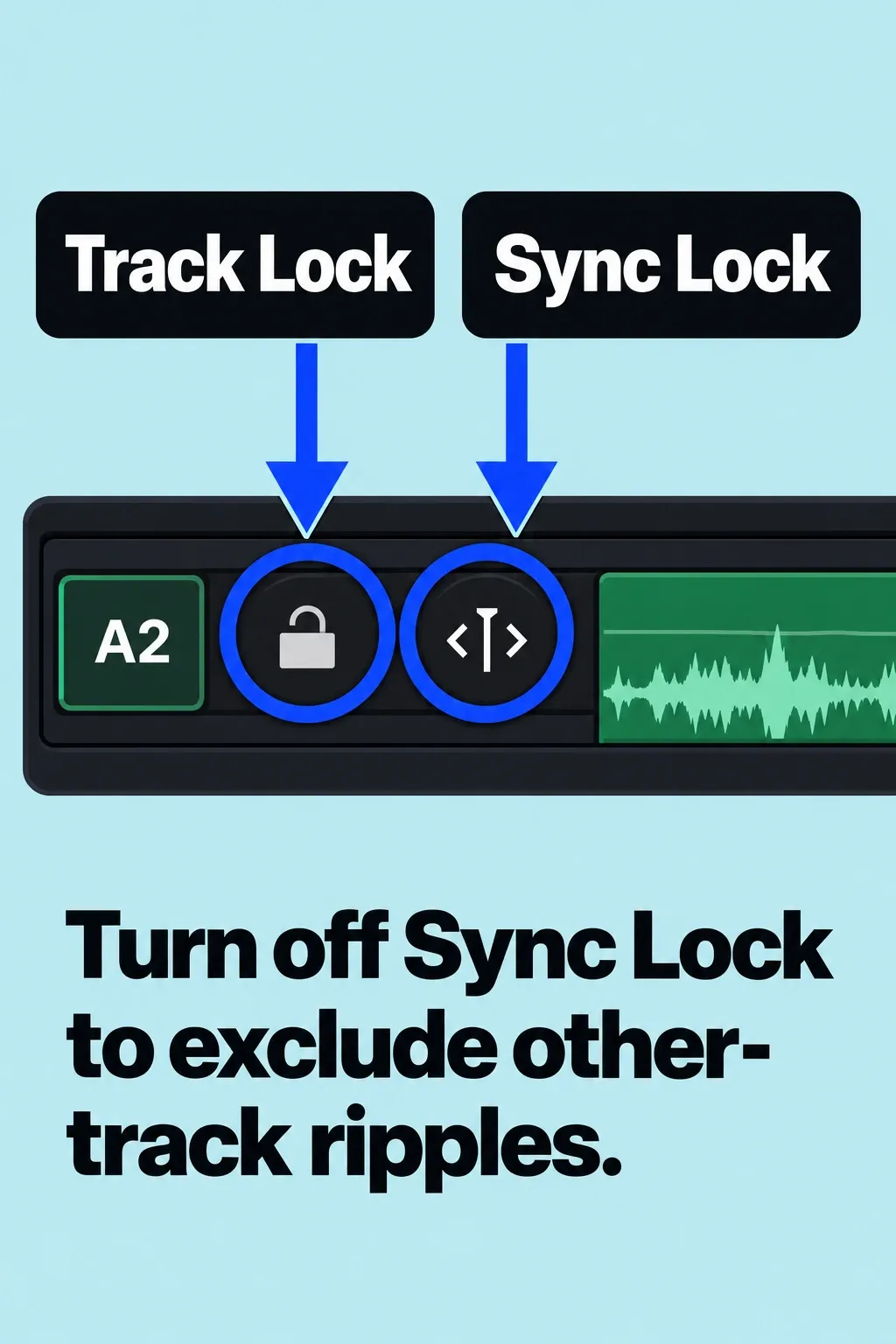 Resolve A2 audio-track header with Track Lock and the adjacent Sync Lock control identified.