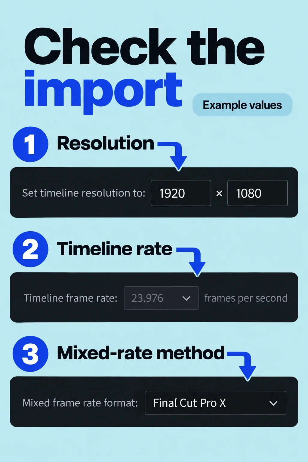 Resolve import settings for timeline resolution, timeline frame rate and mixed-frame-rate format.