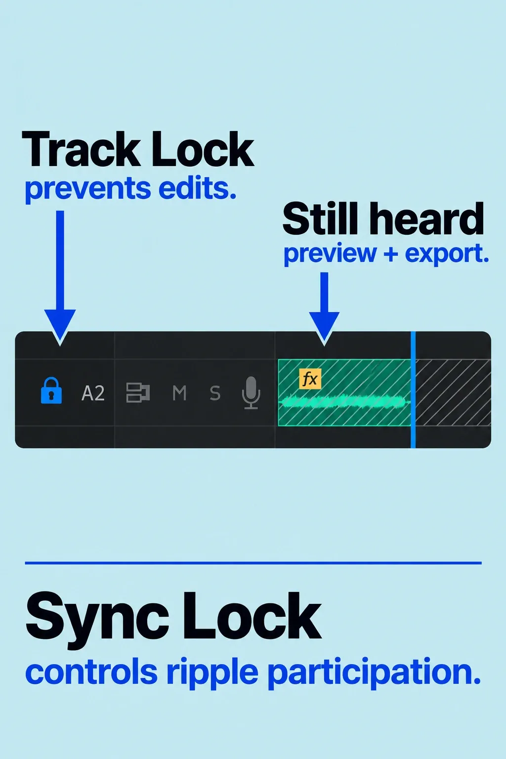 Premiere A2 music track with a blue Track Lock padlock and hatching across the clip.