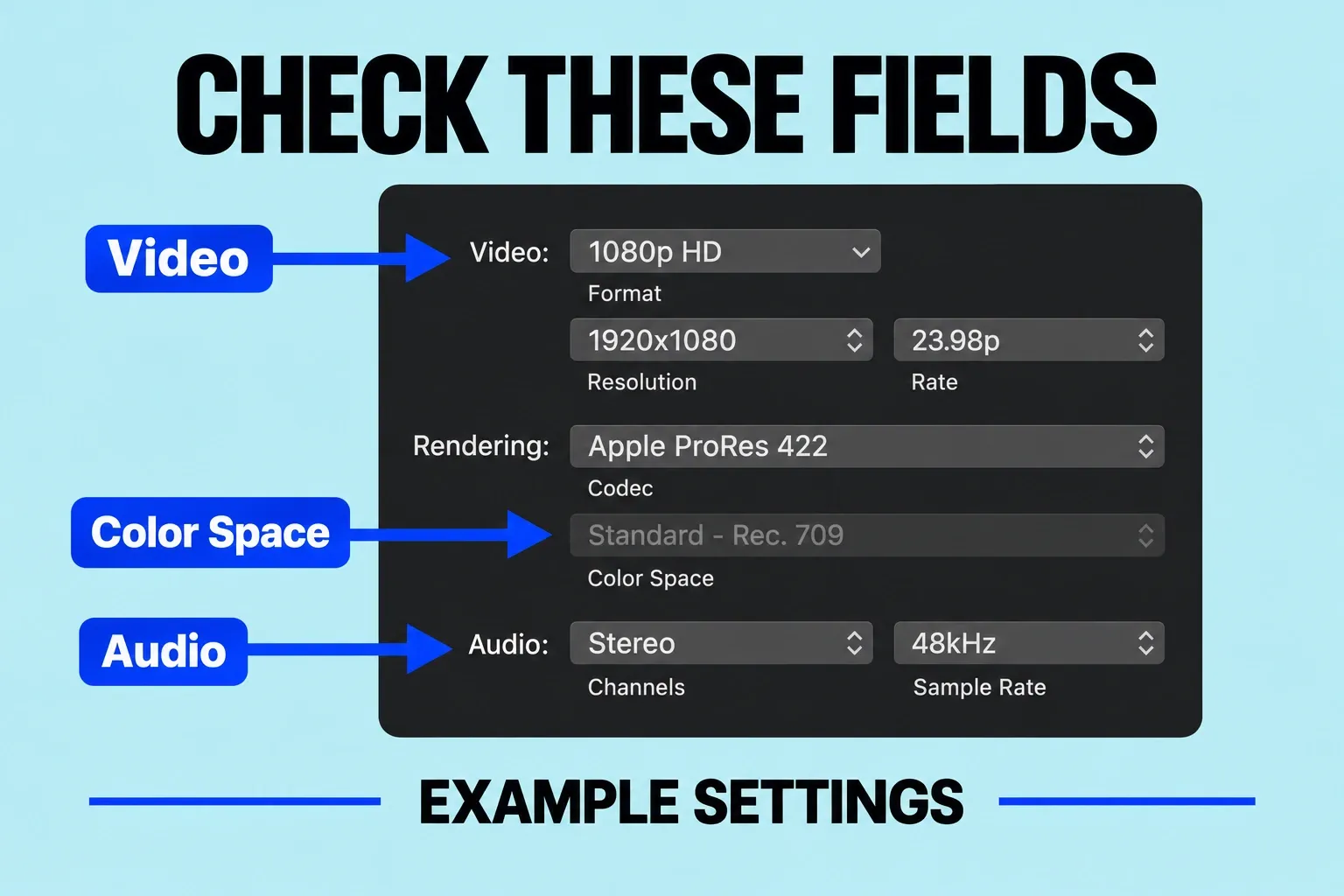 Project settings group Video resolution and rate, Rendering color space, and Audio channels and sample rate.